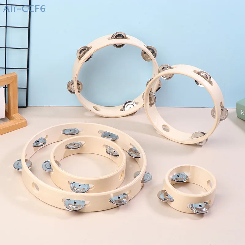 4/6/7/8/10Inch Hand Drums Toys Education Orff Musical Instrument Tambourine Hand Cranked Bell Single Row Wooden Tambourine Rings