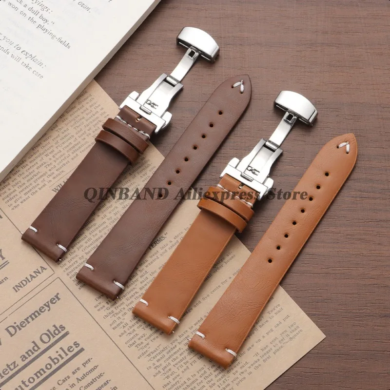 Stainless Steel Butterfly Clasp PU Leather Watchband - Soft Business Bracelet Strap in Black or Brown