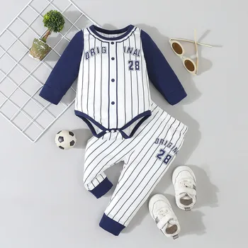 0-18 Months Newborn Baby Boy Clothing Set Long Sleeved Patchwork Striped Baseball Jumpsuit with Pants Autumn Indoor Party Suit 1
