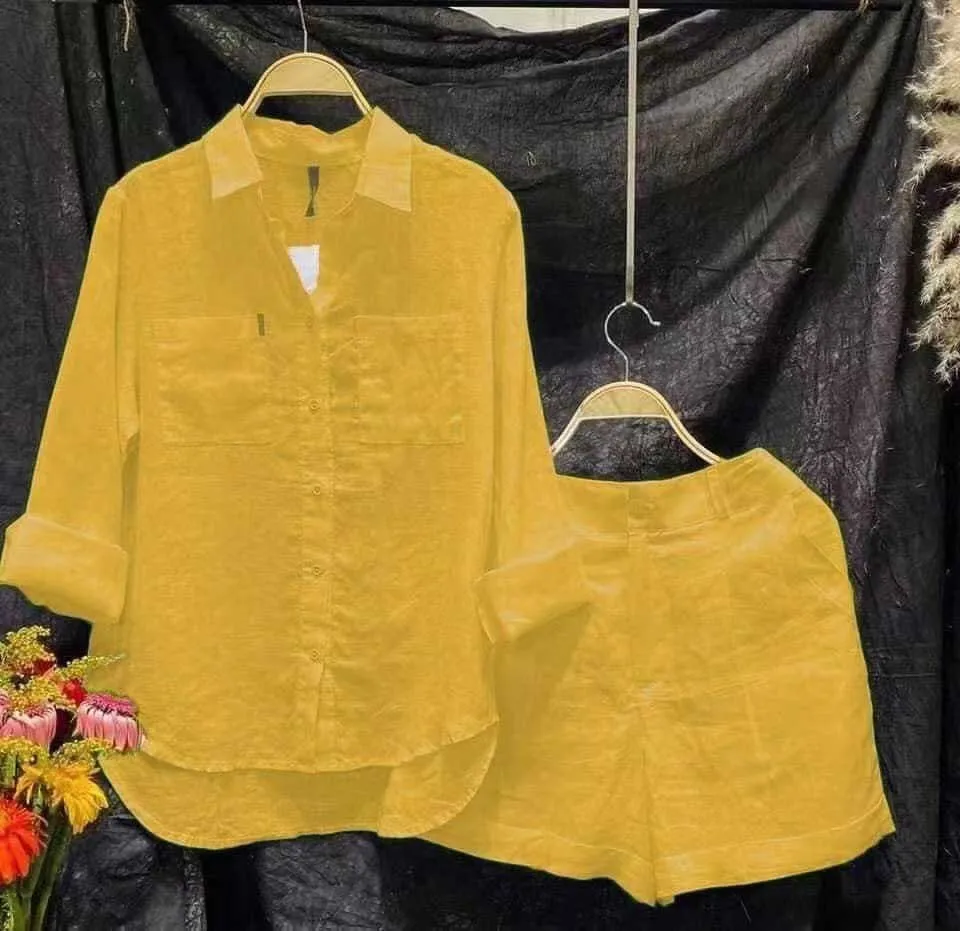 Fashion White Long Sleeve Women Shirts And Shorts Two Piece Sets 2024 Summer Pocket Casual Home 2 Piece Set For Women