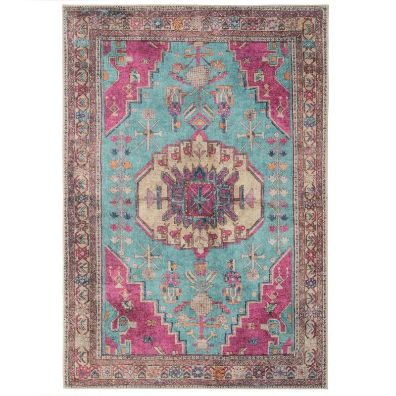 Teal Pink Multicolour Distressed Boho Living Room Rug Washable Non Slip Colourful Living Area Carpet Dining Room Kitchen Rugs 2
