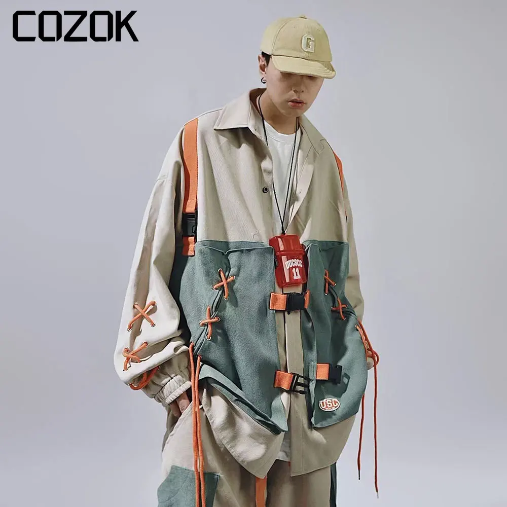 

Рубашка-карго мужская оверсайз в японском стиле, свободная винтажная уличная одежда составного кроя с имитацией двух длинных рукавов, на пуговицах, в стиле Харадзюку, 2023