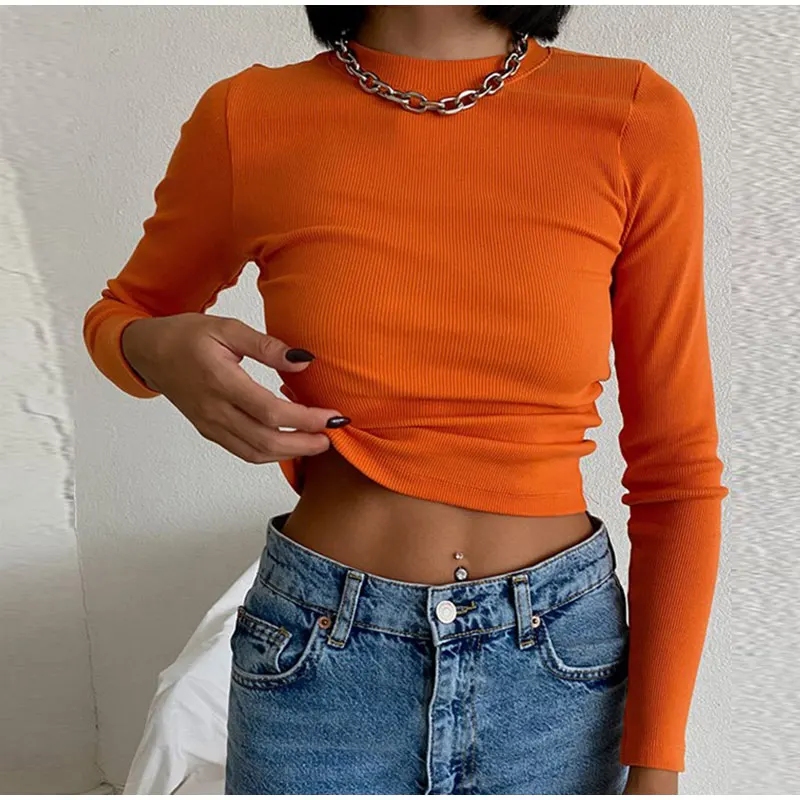 Women Retro Green Orange O Neck Thread Splicing Long Sleeve T-Shirts Female Spring Summer Simple Basic Solid Skinny Cropped Tops black t shirt for men