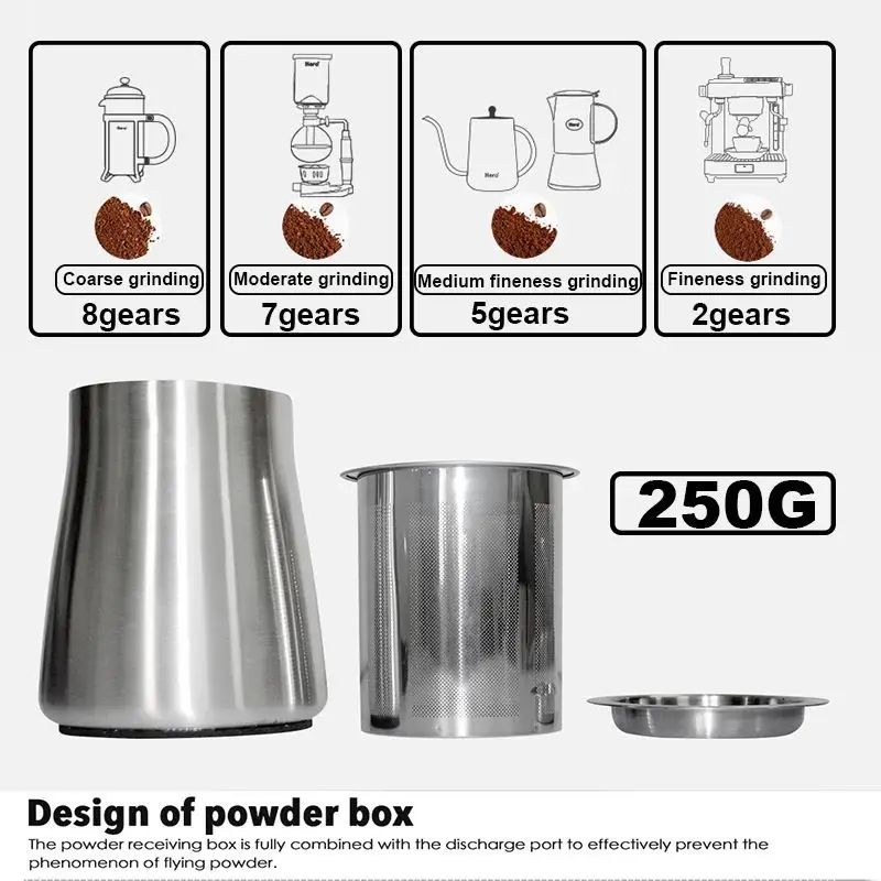 220V Electric Coffee Grinder Stainless Steel Coffee Beans Grinder Automatic Detachable 8 File Adjustable Plane Burr Grinder 3