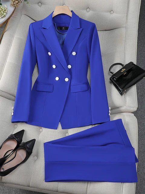 Woman 3 Piece Pantsuit: Top, Blazer, Pants, Size L(10-12),  Black/Blue/Sapphire 