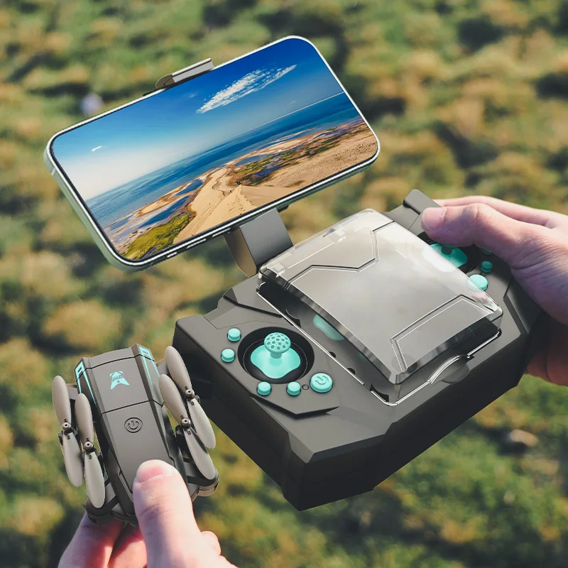Gros plan sur les deux caméras 4K du drone selfie de poche rouge pliable.