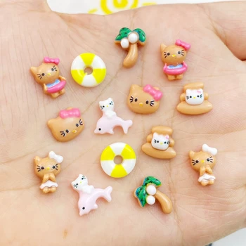 혼합 네일 아트 송진 만화 고양이, 코코넛 나무, 수영 서클 비치 디자이너 참 라인석 DIY 네일 공예, 50 개