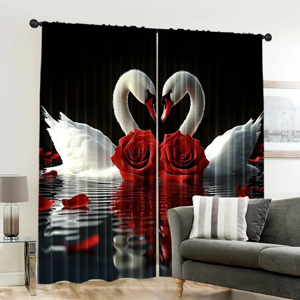 2pcs, spring summer Curtains Romantic Swan Couple and Red Roses Sheer Curtains Durable Polyester Versatile All Use for Bedroom, 6