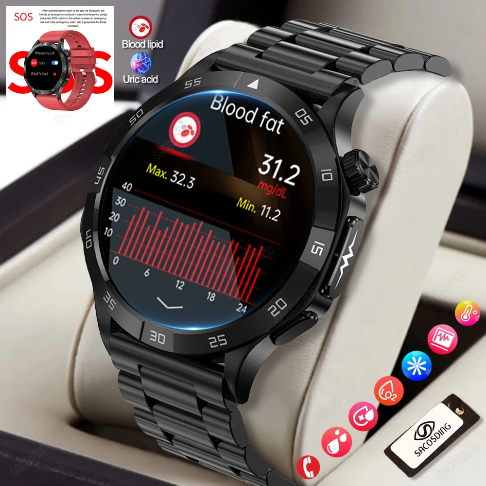 2024New Blood Sugar Smart Watch Men Health Blood Lipid Monitor Dell'Acido Urico Orologio Sportivo Smart Ecg + Ppg Bluetooth Call Smartwatch Man