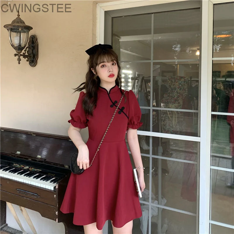 

Dress Women Vintage Mini Chinese Style Elegant Ruffles Fashion Tender Street Empire Puff Sleeve Kawaii Students Female Summer