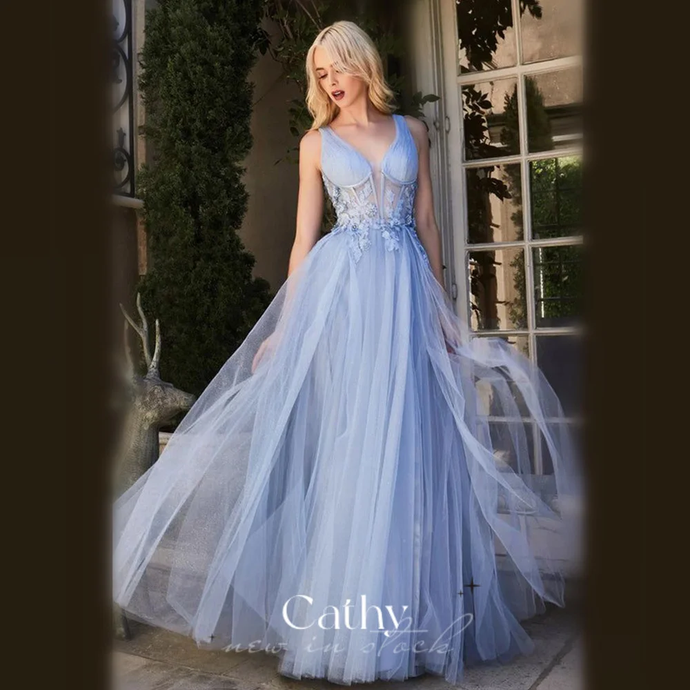 

Cathy Fairy Blue A-line Evening Dress 3D Flower Embroid Prom Dress Gentle Vestidos De Fiesta Sweet V-neck Vestidos De Noche