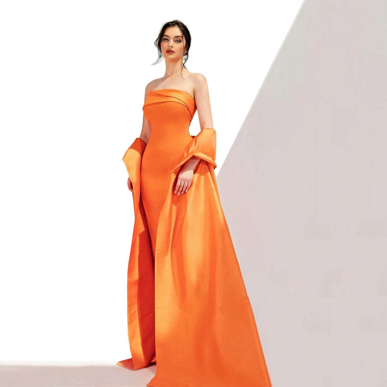 

Meetlove Long Satin Orange Strapless Evening Dresses With Wrap Sheath Floor Length Prom Dress Robe de soirée for Women