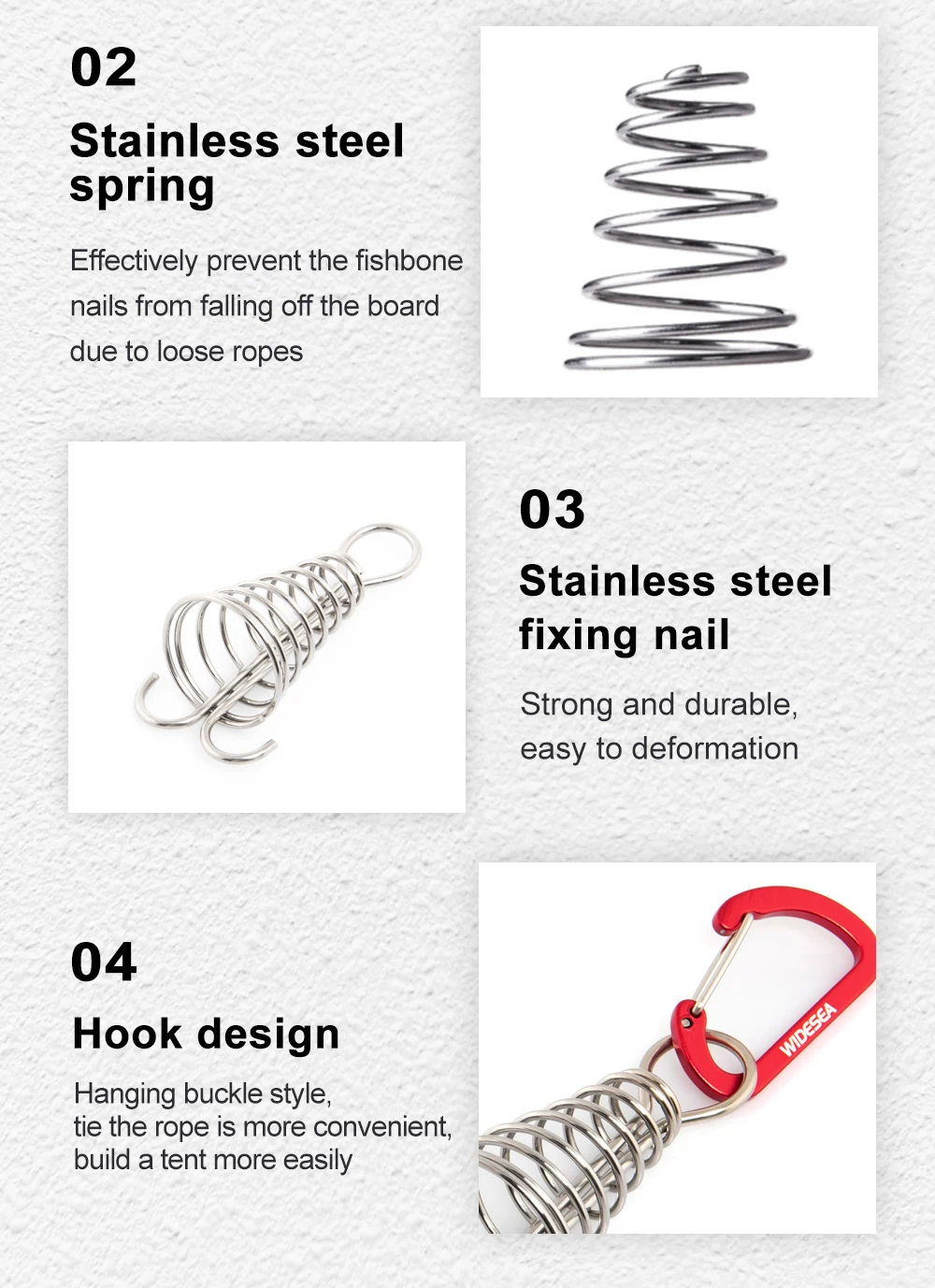Description Picture 6 of itemWidesea 4PCS Fishbone Nails Floor Boarding Ground Spike Pegs Deck Fixed Spiral Spring Hooks Wind Rope Buckle Tent Accessories
