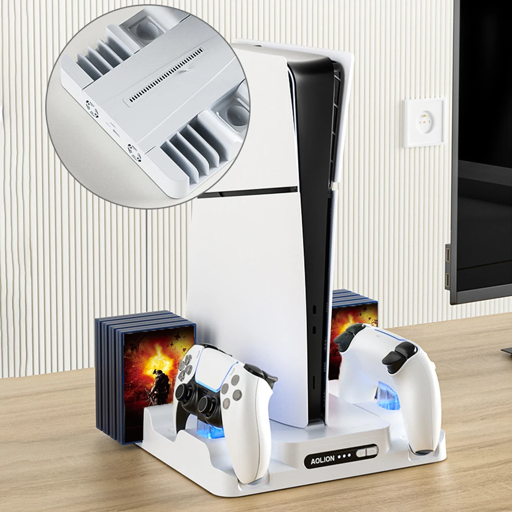 

Cooling Station 3 Levels Cooling Fan Dual Controller Charging Station RGB Light 8 Game Disk Slots for PS5 Slim Console