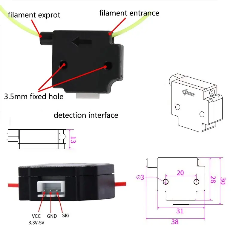 3D Printer Filament Break Detection Module 1M Cable Run-out Sensor Material