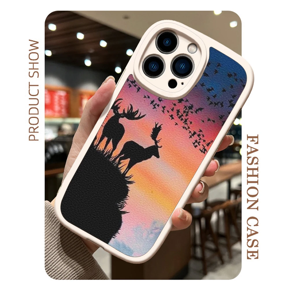 Per Iphone14 The Sunset Wild Deer Phone Case Per Iphone 13 12 11 Pro Max Mini 7 8Plus X Xs Xr Sunset Wild Deer Lambskin Cover