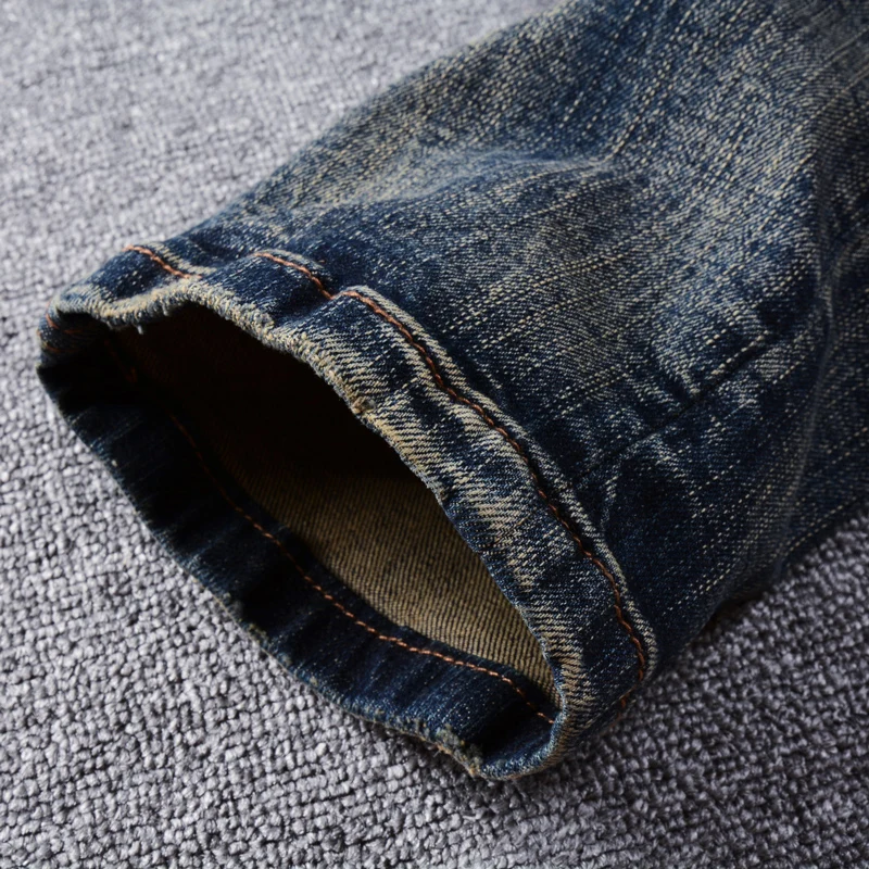 Fashion Vintage Men Jeans High Quality Retro Black Blue Elastic Slim Fit Patched Ripped Jeans Embroidery Designer Denim Pants Me