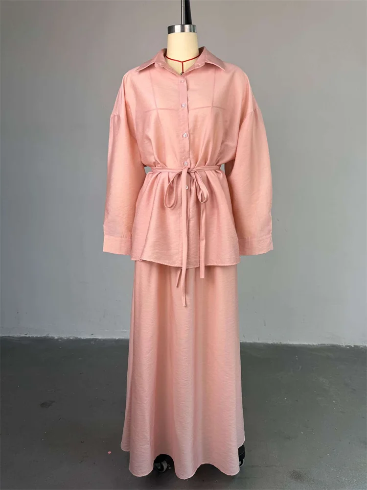 Wmstar Two Piece Sets Women Wholesale Dress Sets New Lapel Tie Loose Long Sleeved Shirt  High Waisted Casual Fall Matching Suit