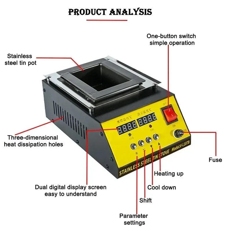110V/220V Tin Melting Pot Solder Tin Pot Melting Furnace Thermoregulation Soldering Desoldering Bath 30~400 Degree Ajustable