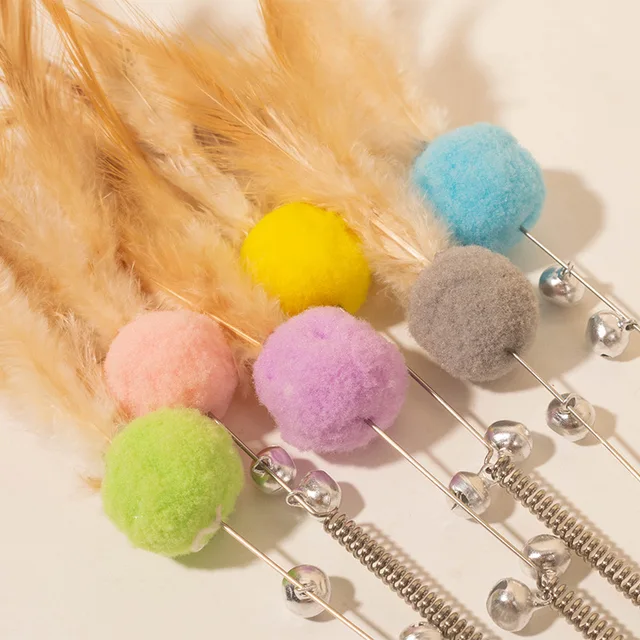 Cat Toys Feather Cat Stick Bite Resistant Steel Wire Spring Feather Interactive Cats Toy with Bell Wool Ball Kitten Toy Sticks 3