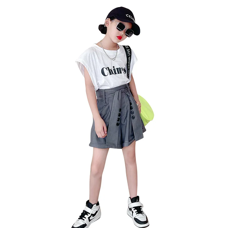 

Girls Outfit Sets Summer Korean Fashion Sleeveless Letter Print T-shirt + Casual Shorts with Belt 2pcs Children's Clothing 4-14Y