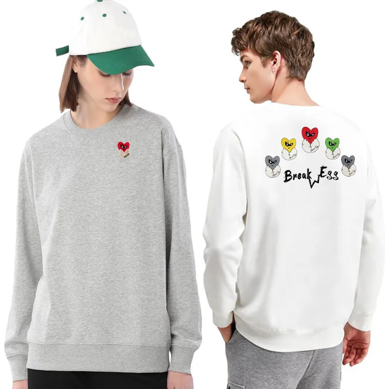 

Break Egg Men Women O-Neck Plush Sweater Eggshell Embroidery Cartoon Color Back Print Cotton Autumn Winter Long Sleeved Sweater