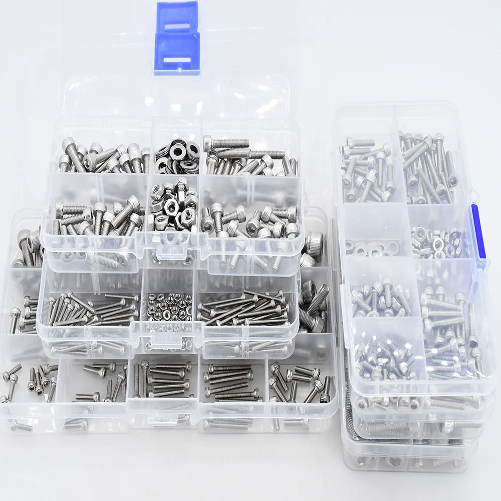 Boxed M2 M3 M4 M5 M6 Hex Socket Screw Allen Cap Head Screw Bolt Nut Washer Kit DIN912 304 Stainless Steel Bolts Nuts Assortment