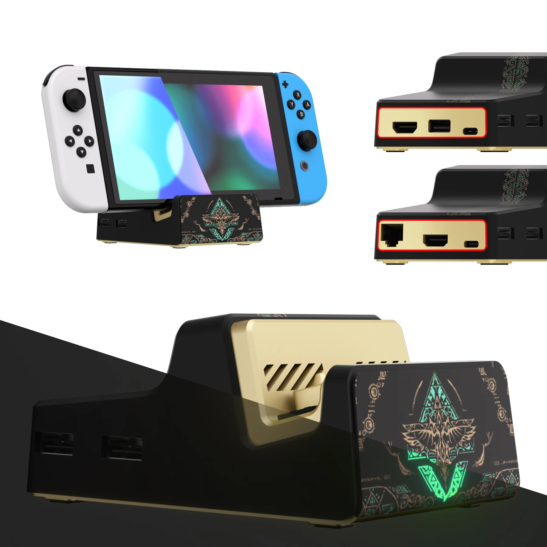 EXtremeRate-Kit de bricolaje AiryDocky que brilla en la oscuridad, cubierta de repuesto para Nintendo Switch Dock, Nintendo Switch OLED - Totem of Kingdom