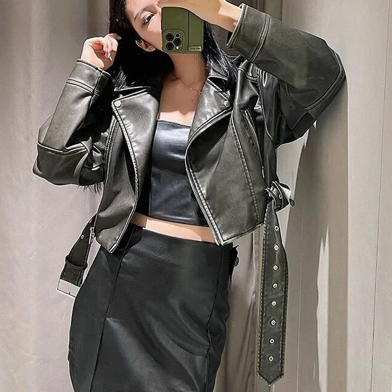 

Women Leather Jacket 2023 New Lapel Belt Long Sleeve Zipper Pockets Lady Short Coat Femmle Fashion Motorcycle Leather Coat