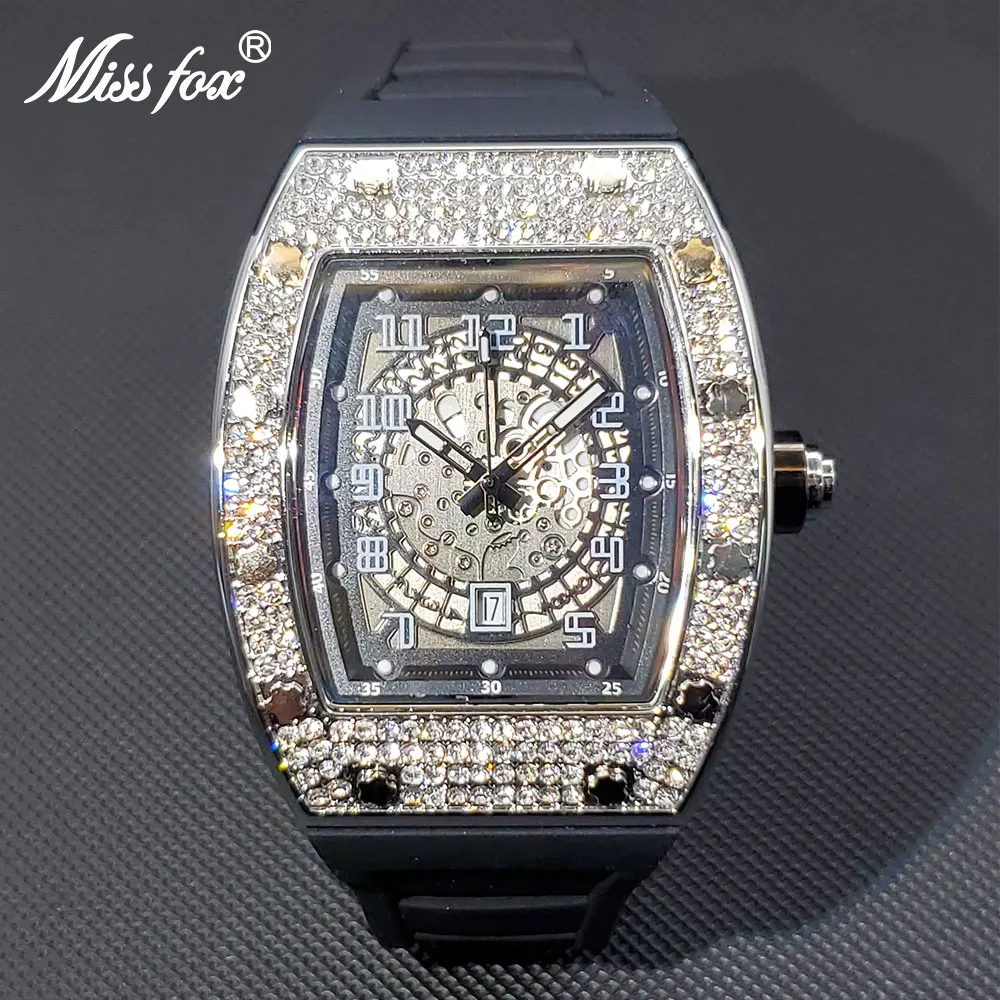 Luxury Watch For Men Large Wrist Full AAA Cuban Zircon Iced Out Star Case Quartz Watches Silcone Strap Calendar Male Dropship