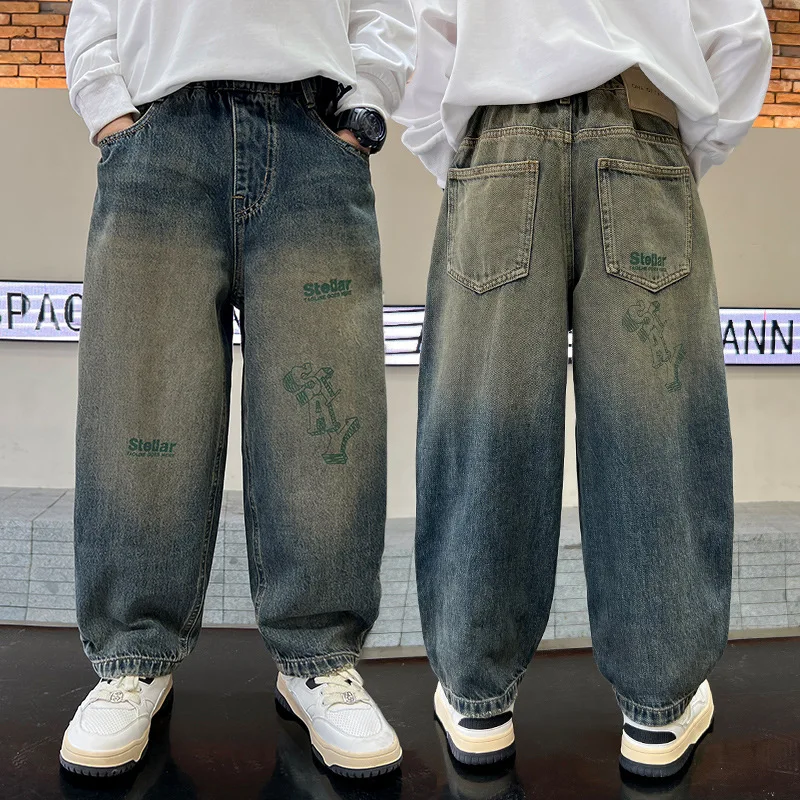 어린이 그라데이션 배기 청바지 레터 프린트 소년 캐주얼 디스트레스드 데님 팬츠 스쿨 키즈 봄 가을 패션 바지