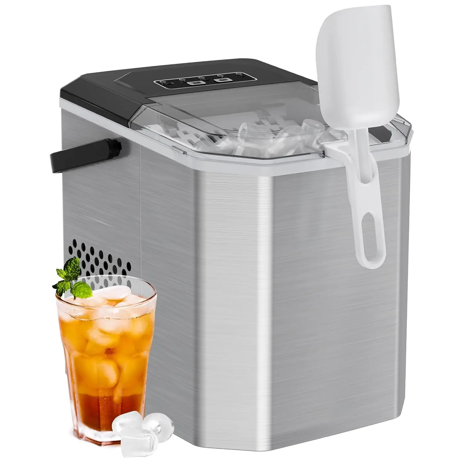 

Silonn Ice Maker Countertop, Stainless Steel Portable Ice Machine with Carry Handle, Self-Cleaning Ice Makers with Basket