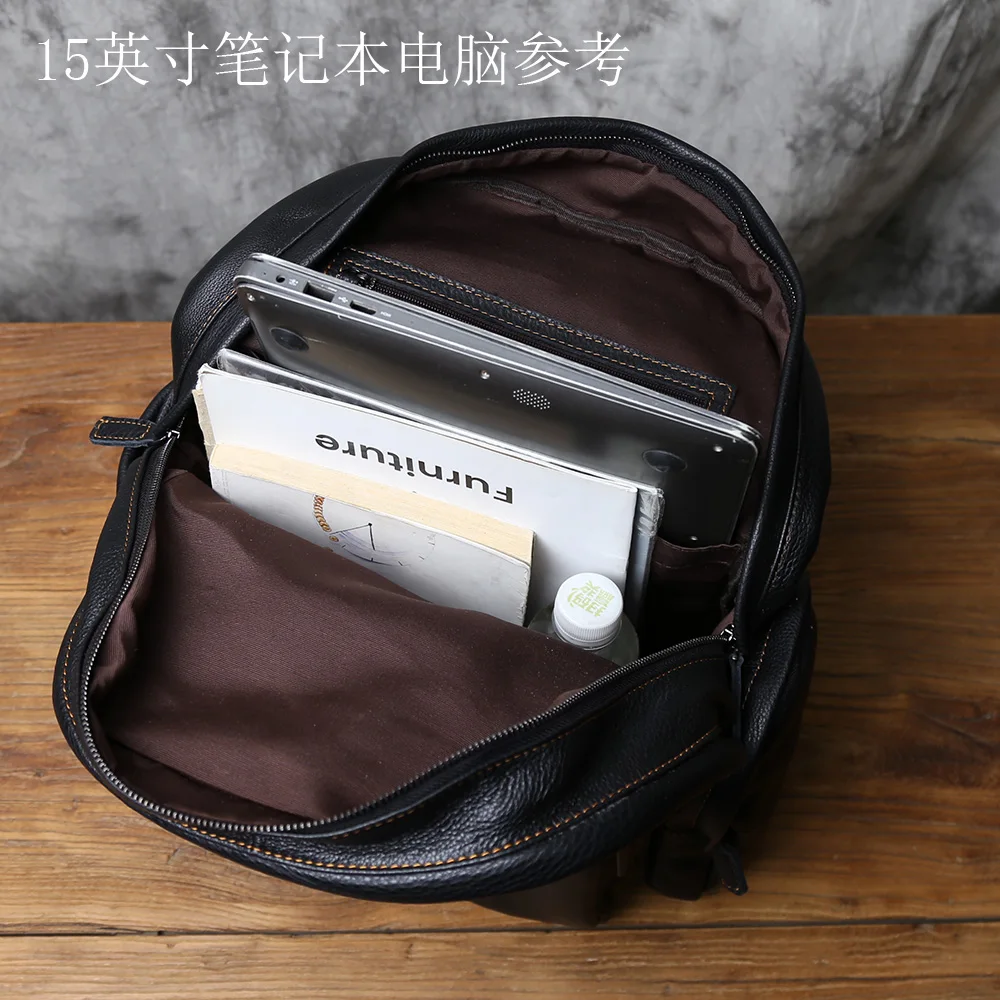 NZPJ Leather Men's Backpack Natural Cowhide Schoolbag Casual Travel Bag Black Fashion Computer Bag Capacity 16 Inch Laptop