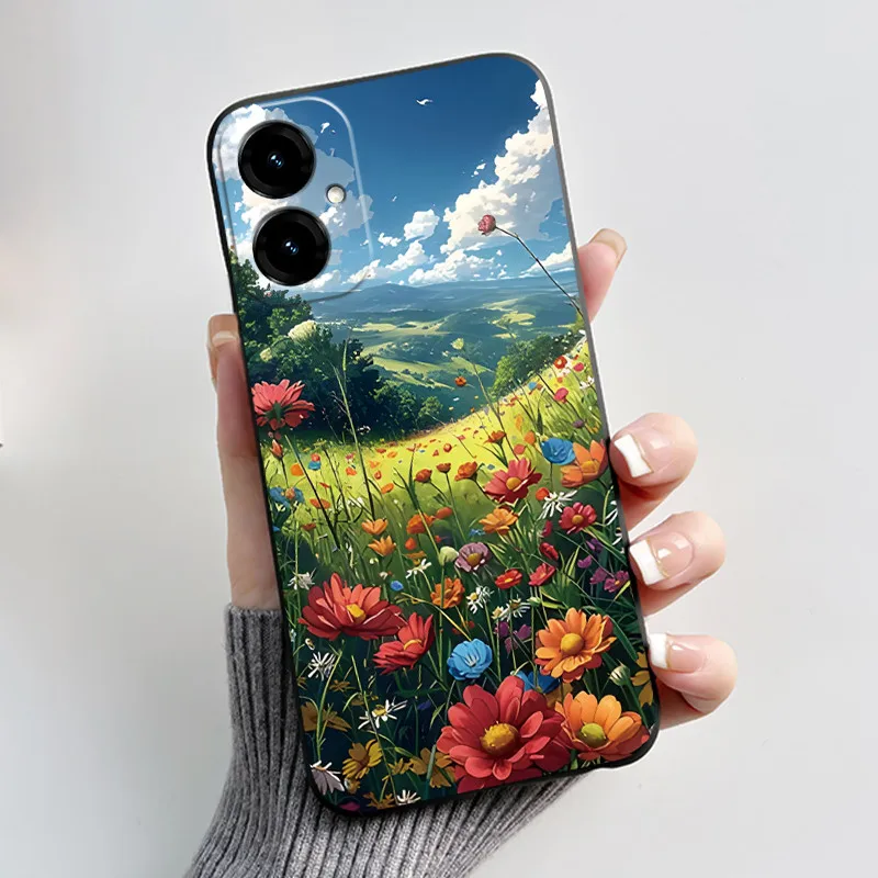 Elegant Black Phone Case with Golden Flower Pattern - Anti-Scratch Soft Casing