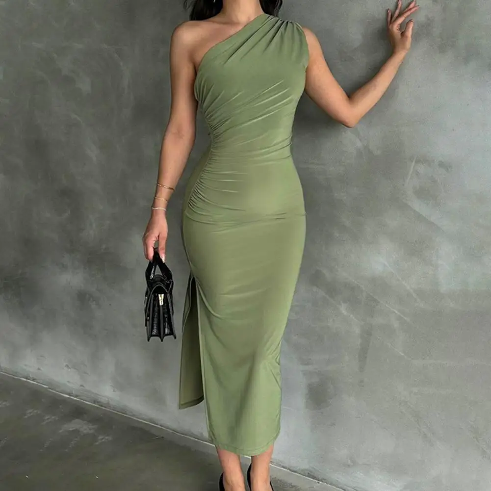 

Women Fashion Sleeveless Backless Slim Dress One Shoulder Slant Neck Pleated Skinny Sheath Solid Elastic Split Hem Maxi Dress