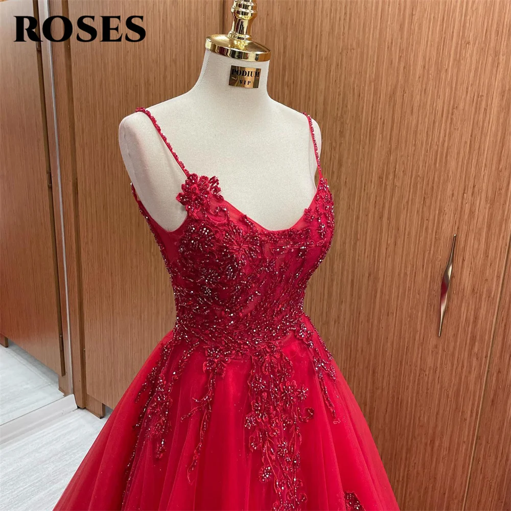 ROSES Spaghetti Strap A Line Special Occasion Dresses Appliques Lace Formal Gown Long Beading Evening Dress vestidos de fiesta