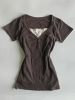 Vintage faux 2 pièces T-shirt 2000s Punk dentelle mince esthétique Harajuku Y2K femme haut court col en v été Chic rétro mode Emo T-shirt 2