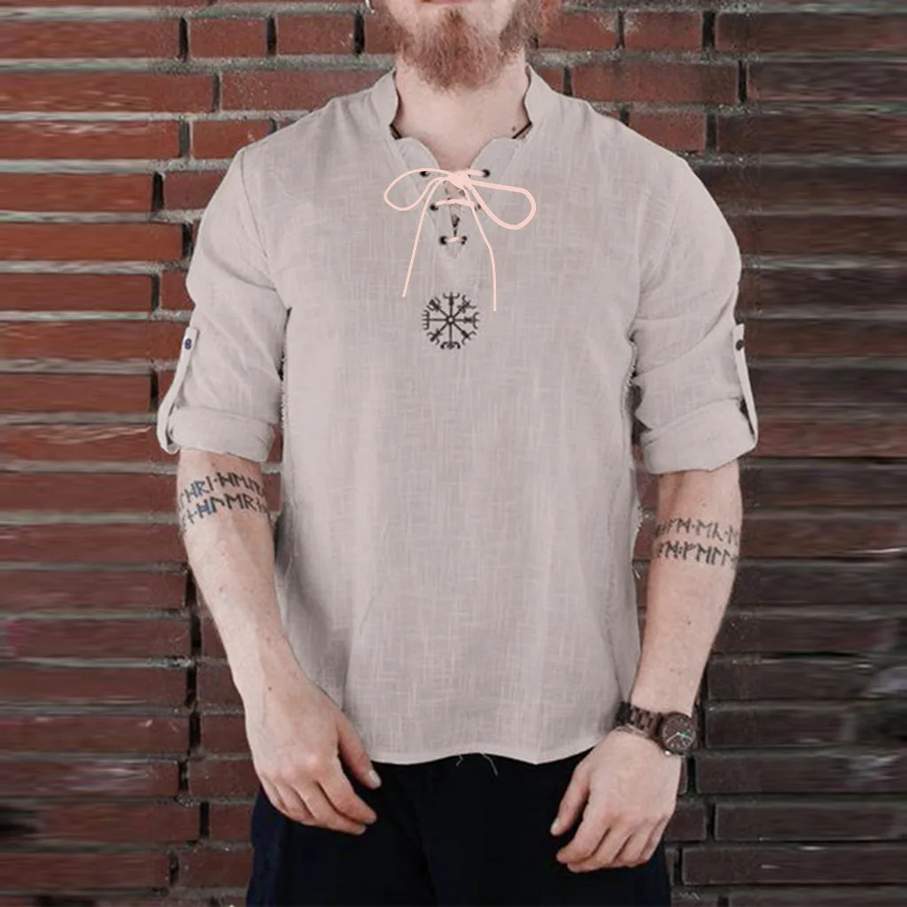 

Retro Cosplay Medieval Viking Shirt Costumes Men Short Sleeve Cotton Linen Pirate Casual Blouse Lace-up Halloween Dress Up Party