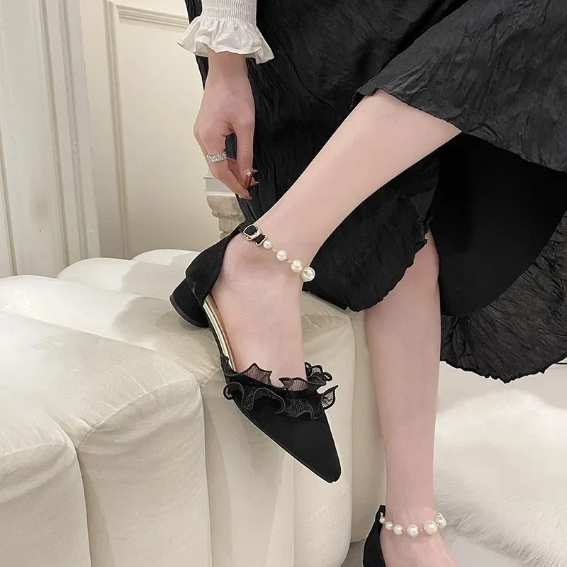 Pointed single shoe women's middle heel French toe cap women's sandals 2