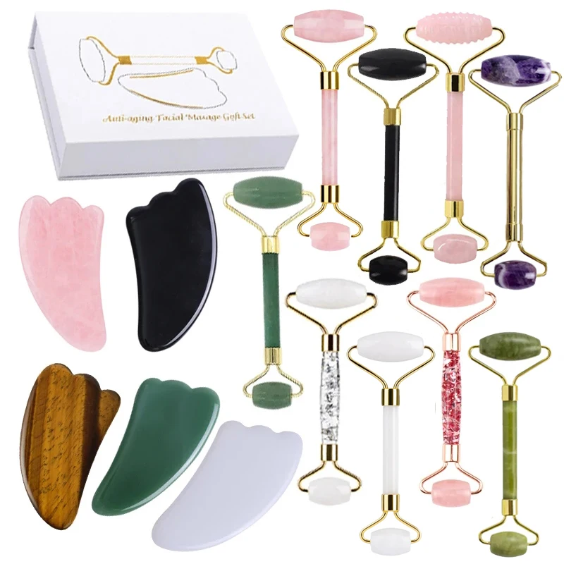 Natural Jade Stone Roller Guasha Massager Gouache Scraper For Face Anti Wrinkle Lifting Beauty Skin Care Massager With Box natural amethyst crystal stone roller massage face neck anti aging guasha skin scraper facial massager with double rollers