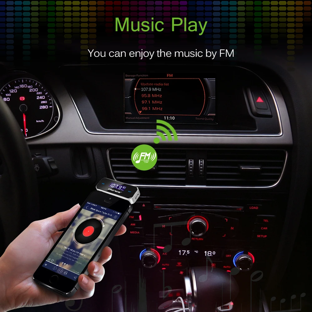 Wireless 3.5mm Music Audio FM Transmitter with LCD Display and Hands-Free Functionality