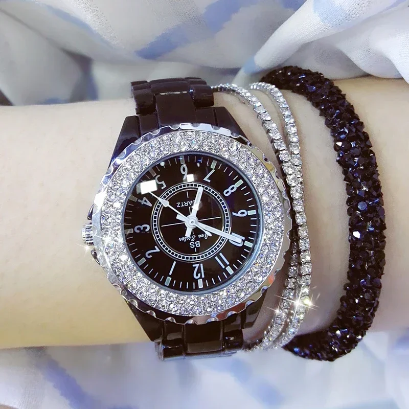 Relojes con diamantes de imitación para mujer, pulsera de cerámica negra con correa, 2023