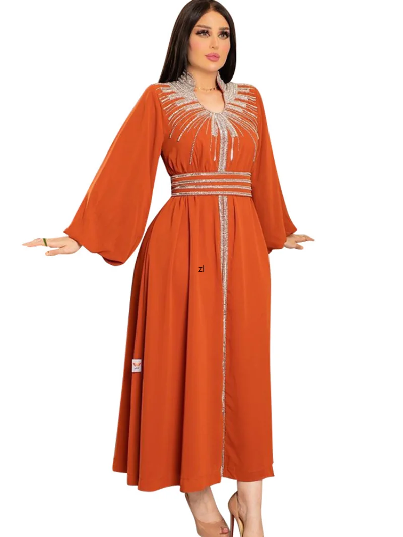 Chiffon Muslim Dress Women With Diamond Flare Sleeve Robes 2023 Fashion New Elegant Jalabiya Islam Abaya Muslim Party Maxi Dress