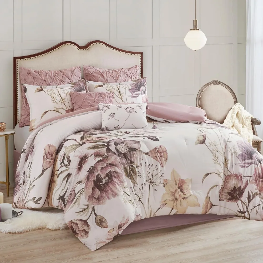 Cassandra Cotton Blend Comforter Set-Feminine Design Colorful Floral Print Bed Linen Set Queen Blush 8 Piece Freight Free Sets