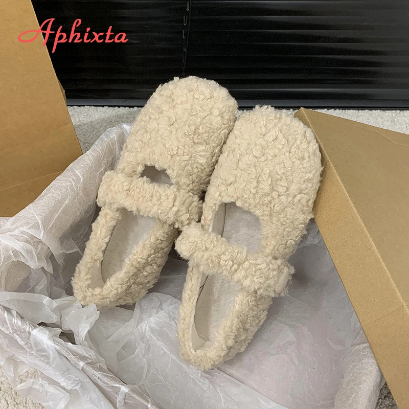 Aphixta Short Plush Furry Shallow Woman Flats Khaki Warm Woman Casual Shoes Hook Loop  Flats Shoes Women  Fashion Ladies Shoes