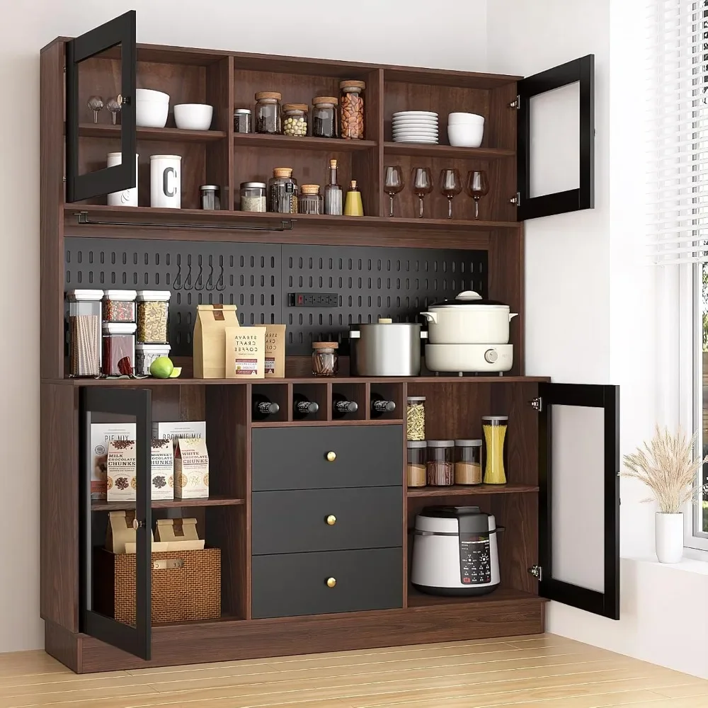 Wine Cabinet with Pegboard, Cup Holder, Power Outlet, 4 Doors & 3 Drawers, Microwave Shelf & Wine Rack, Freestanding Bar Cabinet