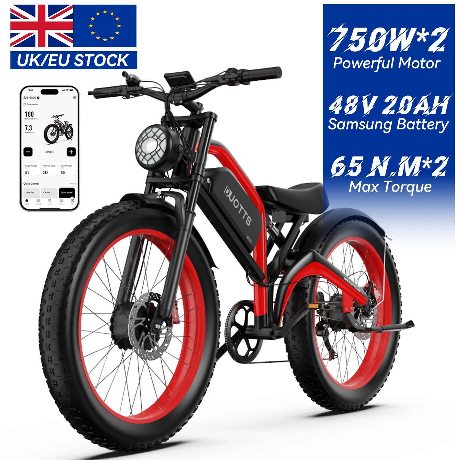 EU UK Warehouse DUOTTS N26 Electric Dirt Mountain Bike 48V 20AH 750w 1500w Dual Motors 26 Inch Fat Tire Electric Bikes Adults