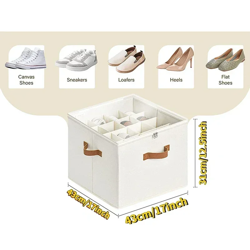 Shoe Organizer, Fabric shoe hanger with Cover, Adjustable Dividers for Shoe storage drawer Box Container  Cube Box Fits 14 Pairs 2