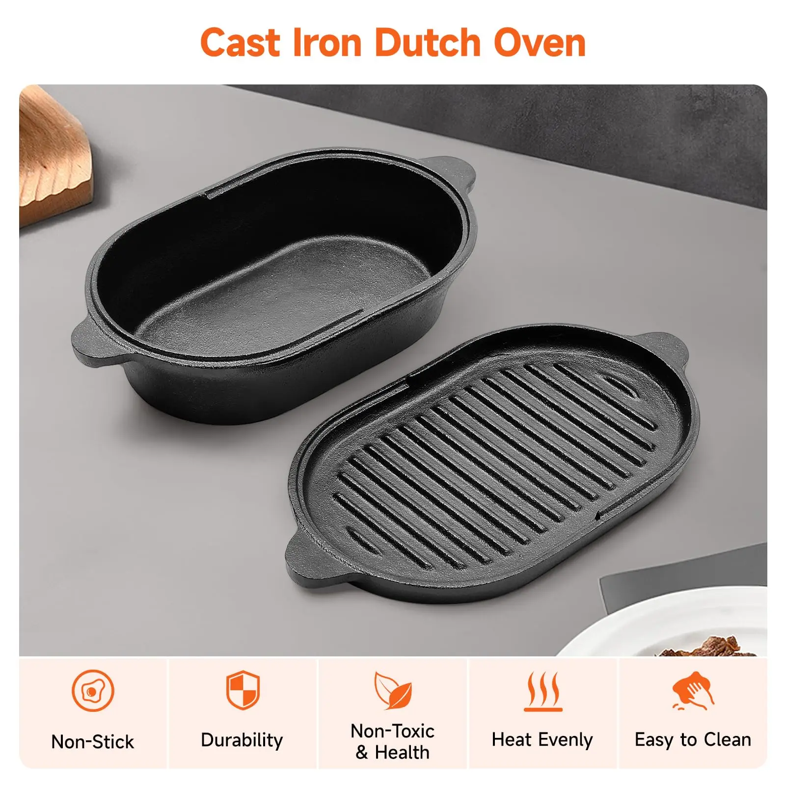 Cast Iron Dutch Oven 23cm 2 in 1 Pre-Seasoned Cast Iron Pot with Skillet Lid 3
