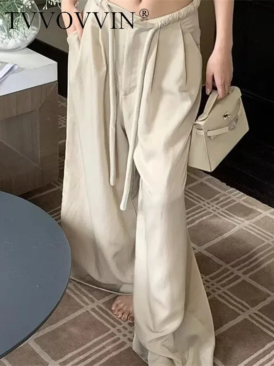 

TVVOVVIN 2023 Autumn Imitation Acetic Acid Satin Drawstring Wide Leg Pants Pull Leg Elastic High Waist Loose Casual Pants G2HL